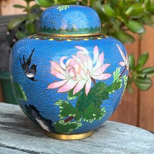Vintage Chinese Cloisonné Blue Ginger Jar – Pink Peony Flowers – 5.5”